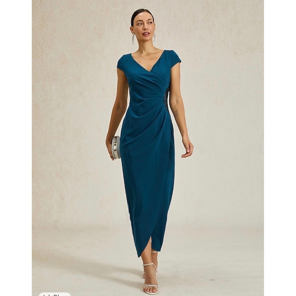 MSGlamor Teal Beaded Waist Ruched Midi Dress Cap Sleeve V-Neck Formal